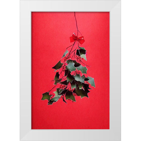 Mistletoe With Red Bow White Modern Wood Framed Art Print by Treechild