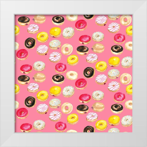 Watercolor donuts pattern in hot pink White Modern Wood Framed Art Print by Laiz Blursbyai, Rosana