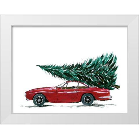 Eighties car carrying a Christmas tree White Modern Wood Framed Art Print by Laiz Blursbyai, Rosana