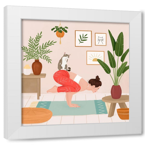 Cat Yoga White Modern Wood Framed Art Print by Holikova, Petra
