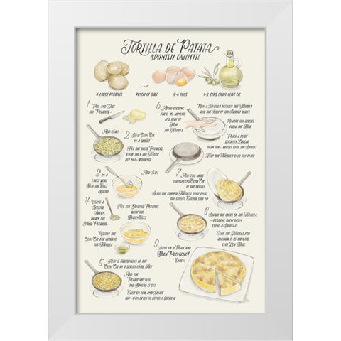 Illustrated recipe of tortilla de patata in English White Modern Wood Framed Art Print by Laiz Blursbyai, Rosana