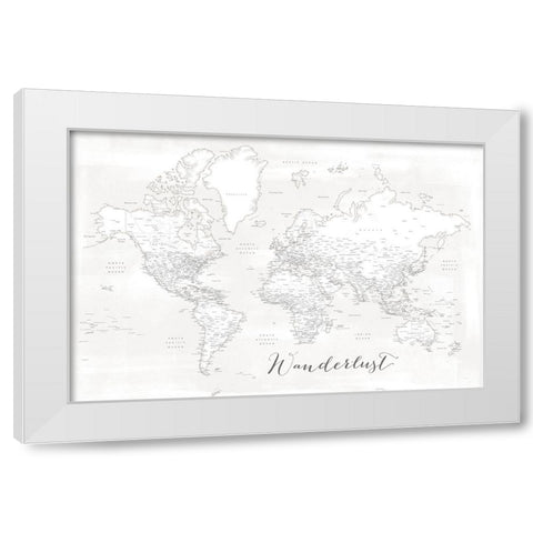 Wanderlust - detailed world map with cities - Maeli white White Modern Wood Framed Art Print by Laiz Blursbyai, Rosana