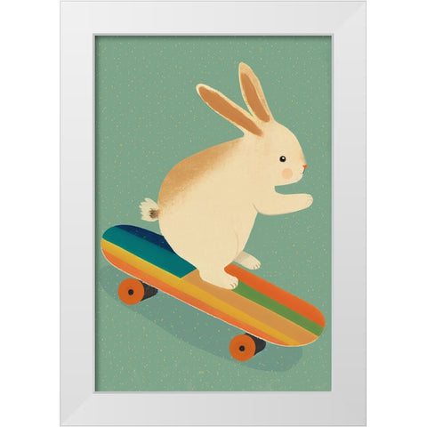 Bunny On Skateboard White Modern Wood Framed Art Print by Treechild