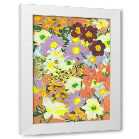 Violet daisies and orange marigold White Modern Wood Framed Art Print by Zwara, Ania