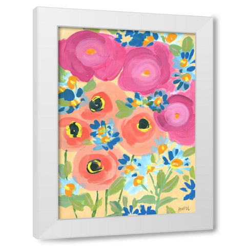 Pink Roses And Coral Anemones White Modern Wood Framed Art Print by Zwara, Ania