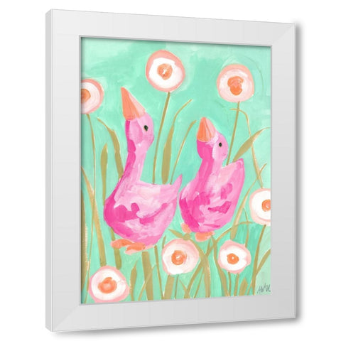 Pink Gees In The Garden White Modern Wood Framed Art Print by Zwara, Ania