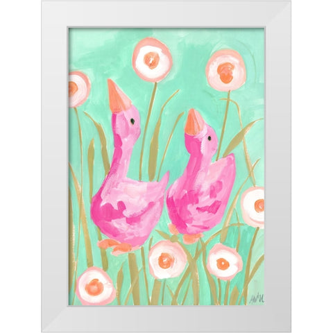 Pink Gees In The Garden White Modern Wood Framed Art Print by Zwara, Ania