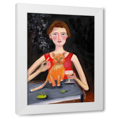 Vintage woman with cocktail and cat White Modern Wood Framed Art Print by Bursic, Sharyn
