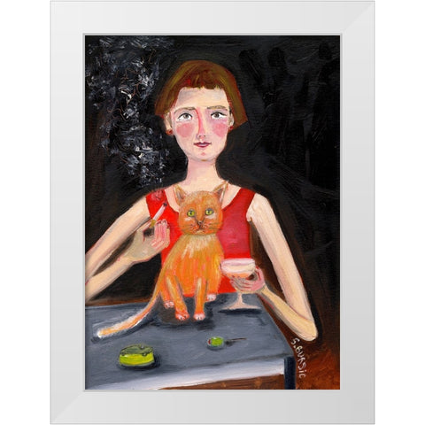 Vintage woman with cocktail and cat White Modern Wood Framed Art Print by Bursic, Sharyn