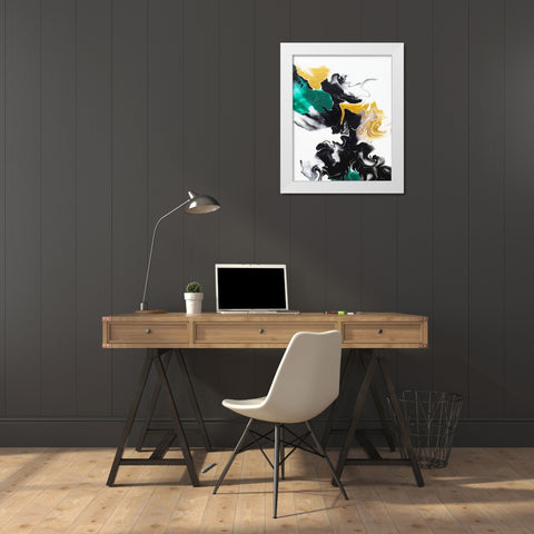 Green and Gold Ribbons 2 White Modern Wood Framed Art Print by Storms, Alyson