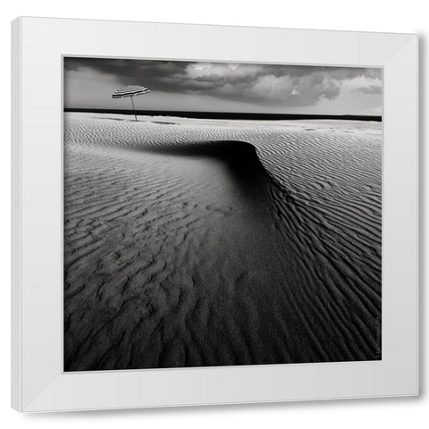 Umbrella On The Beach............... White Modern Wood Framed Art Print by Schuurmans, Wim
