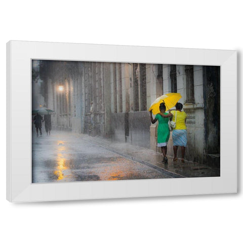 Yellow Umbrella (Rainy Day In Havana) White Modern Wood Framed Art Print by Willyams, Paul