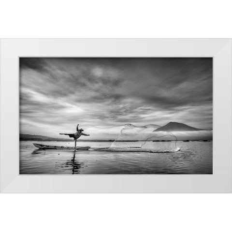 Man Behind The Nets White Modern Wood Framed Art Print by Siswandhono, Arief