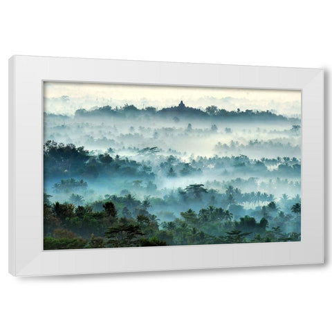 Misty Borobudur White Modern Wood Framed Art Print by Ramdani