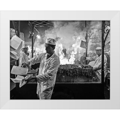 Street Cooking White Modern Wood Framed Art Print by Marin, Rodrigo