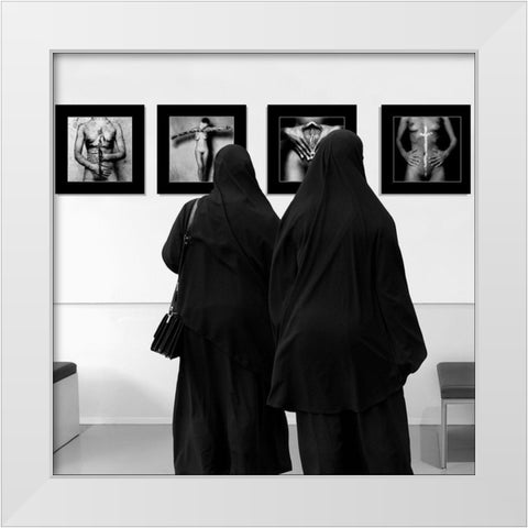 Watching The Exhibition Of John Lommen White Modern Wood Framed Art Print by Limberg, Huib