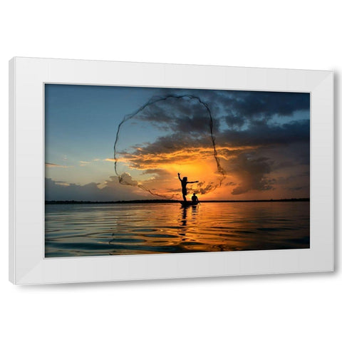 Nets In Sunset White Modern Wood Framed Art Print by Whanset, Saravut