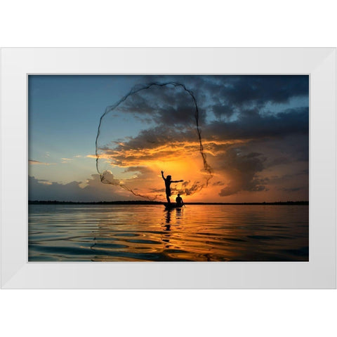 Nets In Sunset White Modern Wood Framed Art Print by Whanset, Saravut