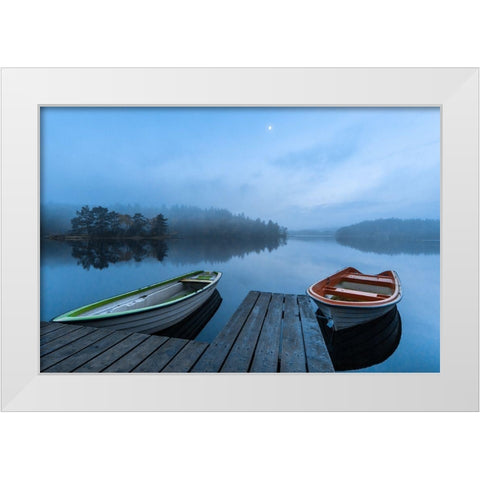 Dawn At The Lake White Modern Wood Framed Art Print by Pettersson, Benny