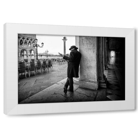 Mister B. Still Reads Newspapers White Modern Wood Framed Art Print by Schleicher-Schwarz, Roswitha