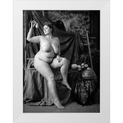 Portrait Of A Girl With A Pear White Modern Wood Framed Art Print by zanzib