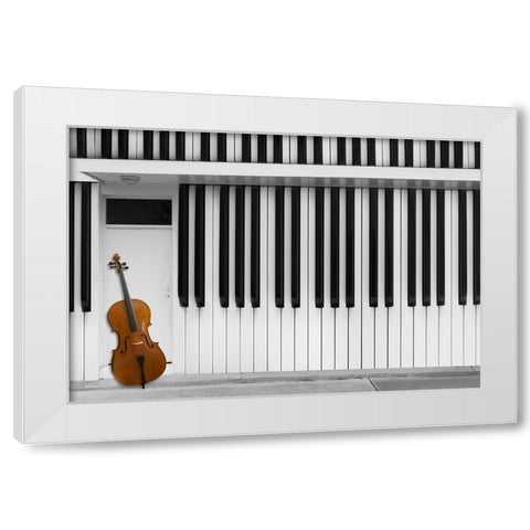 Cello At The Door White Modern Wood Framed Art Print by Hammer, Jacqueline