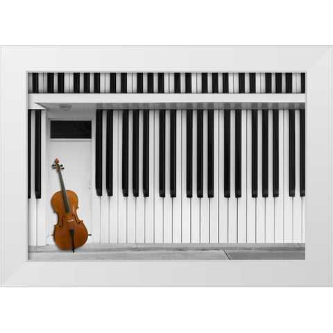 Cello At The Door White Modern Wood Framed Art Print by Hammer, Jacqueline