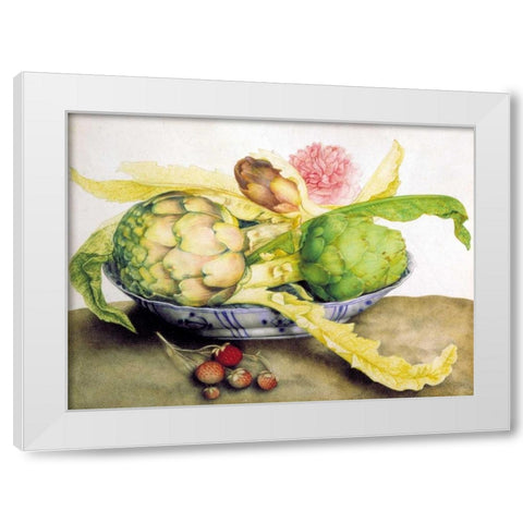 Artichoke, Rose andStrawberries White Modern Wood Framed Art Print by Garzoni, Giovanna