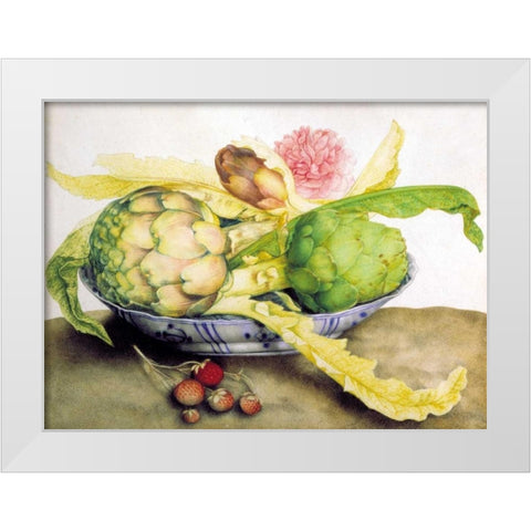Artichoke, Rose andStrawberries White Modern Wood Framed Art Print by Garzoni, Giovanna