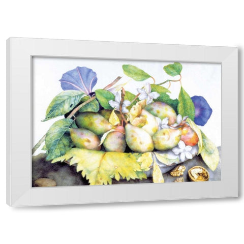 Dish of Plums, Jasmine and Walnuts White Modern Wood Framed Art Print by Garzoni, Giovanna