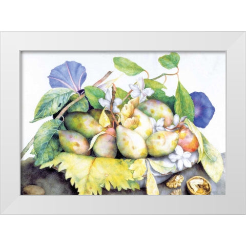 Dish of Plums, Jasmine and Walnuts White Modern Wood Framed Art Print by Garzoni, Giovanna