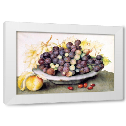 Dish of Grapes and a Peach White Modern Wood Framed Art Print by Garzoni, Giovanna