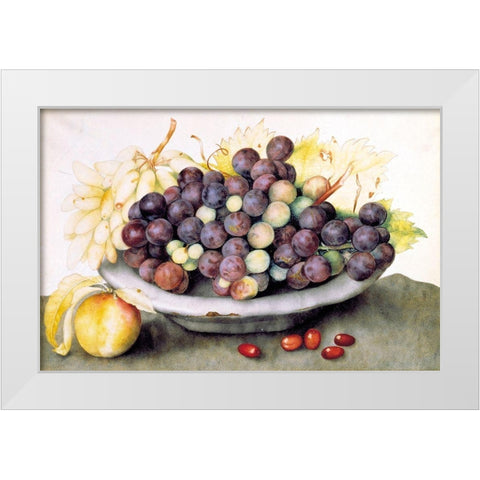 Dish of Grapes and a Peach White Modern Wood Framed Art Print by Garzoni, Giovanna