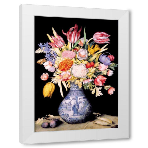 Chinese Vase, Varied Flowers, Prunes White Modern Wood Framed Art Print by Garzoni, Giovanna