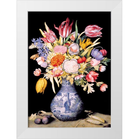 Chinese Vase, Varied Flowers, Prunes White Modern Wood Framed Art Print by Garzoni, Giovanna