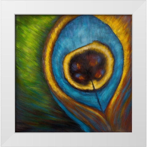 PEACOCK FEATHER CLOSEUP White Modern Wood Framed Art Print by Atelier B Art Studio