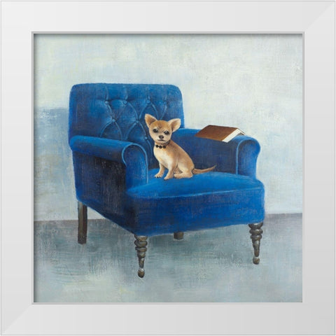 CHIHUAHUA ON A BLUE ARMCHAIR White Modern Wood Framed Art Print by Atelier B Art Studio