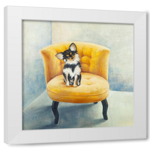 LITTLE DOG ON A YELLOW ARMCHAIR White Modern Wood Framed Art Print by Atelier B Art Studio