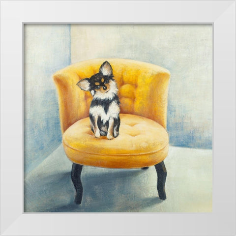 LITTLE DOG ON A YELLOW ARMCHAIR White Modern Wood Framed Art Print by Atelier B Art Studio