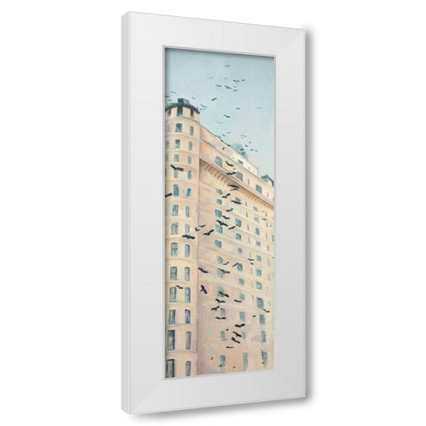 BIRDS FLYING IN FRONT OF A BUILDING White Modern Wood Framed Art Print by Atelier B Art Studio