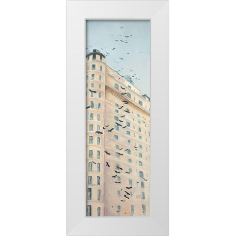 BIRDS FLYING IN FRONT OF A BUILDING White Modern Wood Framed Art Print by Atelier B Art Studio