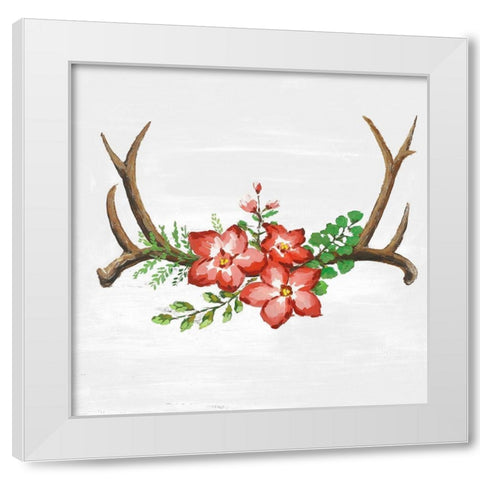 DEER HORNS AND PINK FLOWERS White Modern Wood Framed Art Print by Atelier B Art Studio