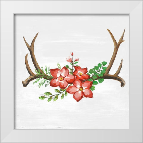 DEER HORNS AND PINK FLOWERS White Modern Wood Framed Art Print by Atelier B Art Studio