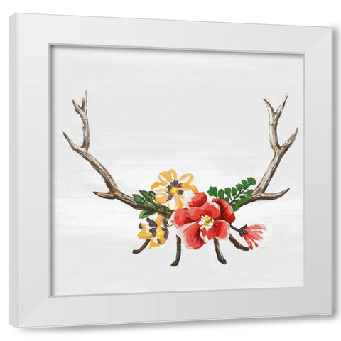 DEER HORNS WITH FLOWERS White Modern Wood Framed Art Print by Atelier B Art Studio