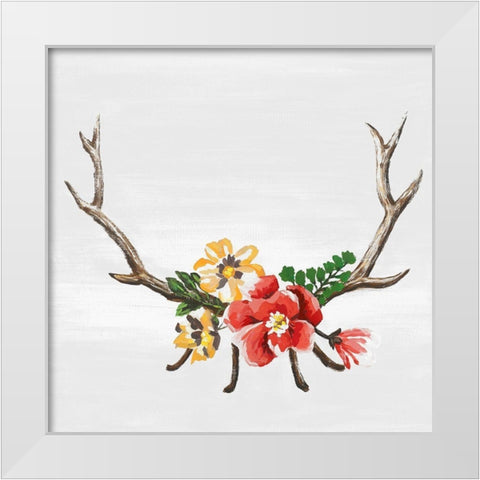 DEER HORNS WITH FLOWERS White Modern Wood Framed Art Print by Atelier B Art Studio