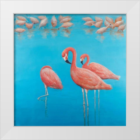 Group of Flamingos White Modern Wood Framed Art Print by Atelier B Art Studio