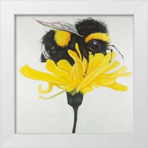 Hungry Bumblebee on a Dandelion White Modern Wood Framed Art Print by Atelier B Art Studio