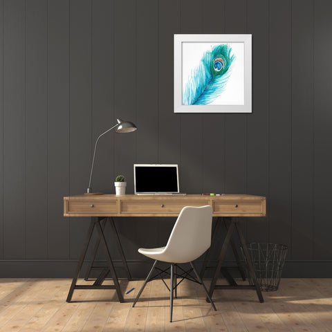 Long Peacock Feather White Modern Wood Framed Art Print by Atelier B Art Studio