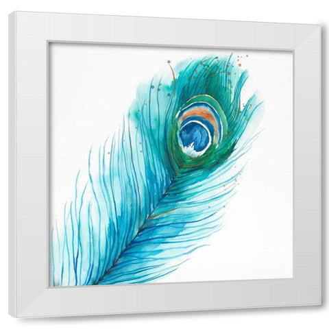 Long Peacock Feather White Modern Wood Framed Art Print by Atelier B Art Studio