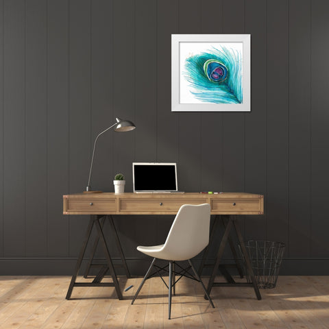 Peacock Feather Closeup White Modern Wood Framed Art Print by Atelier B Art Studio